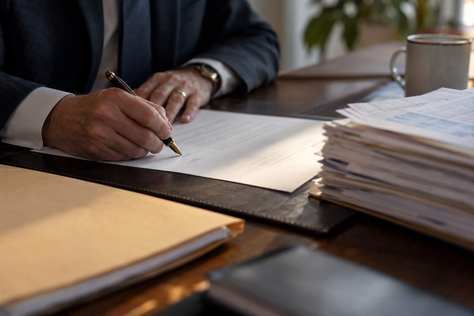 Attorney signing a personal injury demand letter beside a stack of medical bills