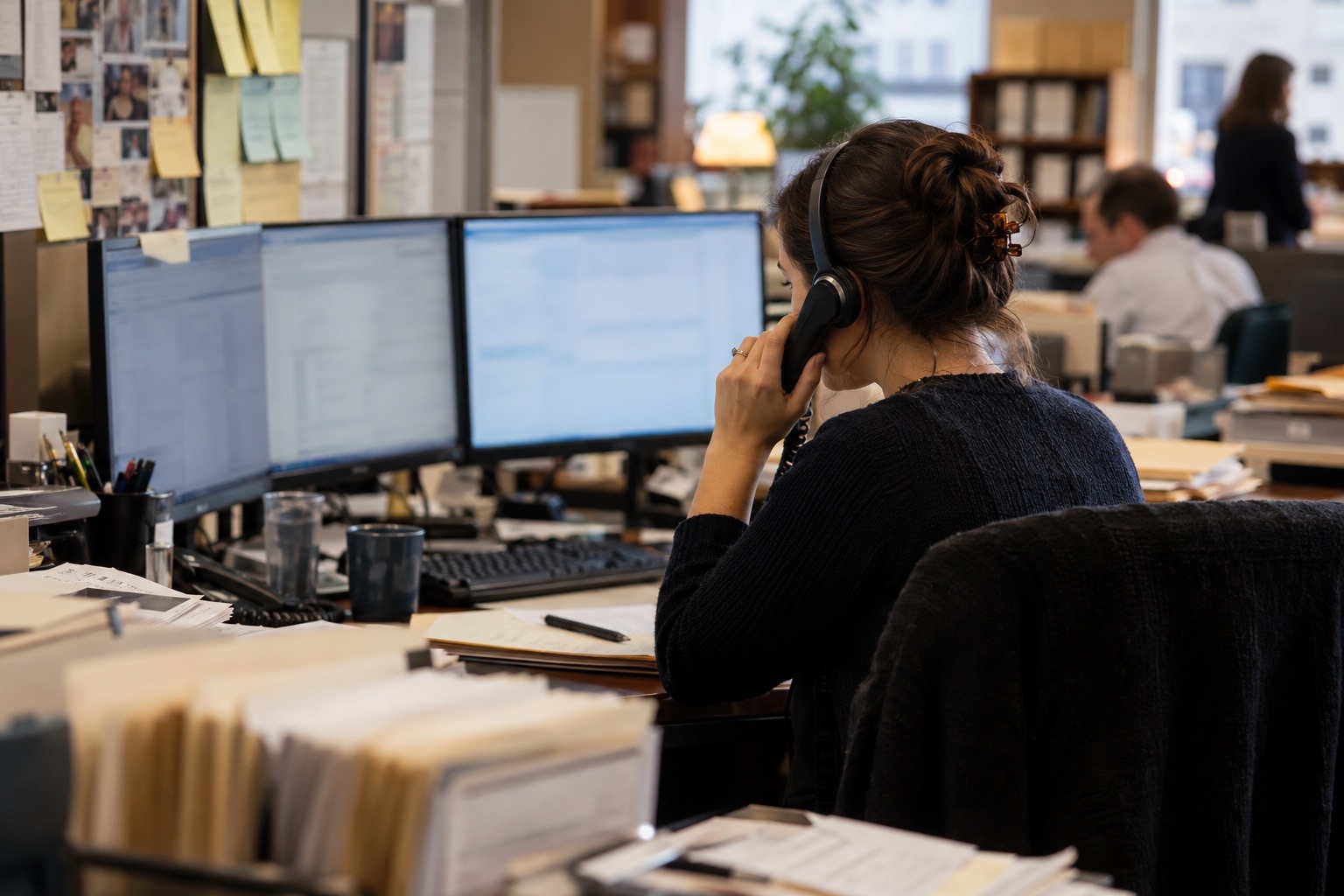 Personal injury case manager on the phone with a client at a busy law firm