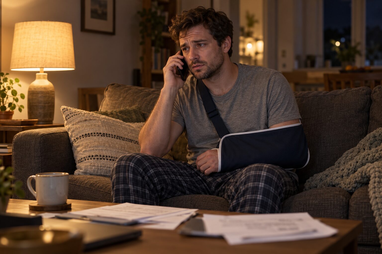 Injured man with his arm in a sling calling a personal injury law firm from his couch at night