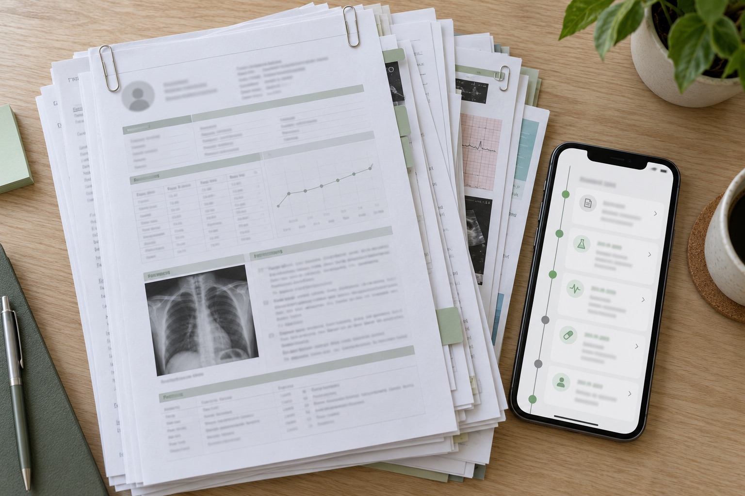 A stack of medical records beside a smartphone showing a dated timeline of client-reported entries