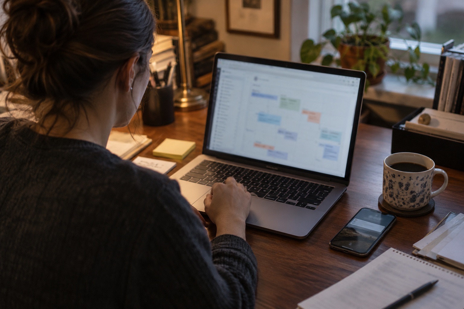 Paralegal reviewing a case timeline on a laptop at a law firm desk