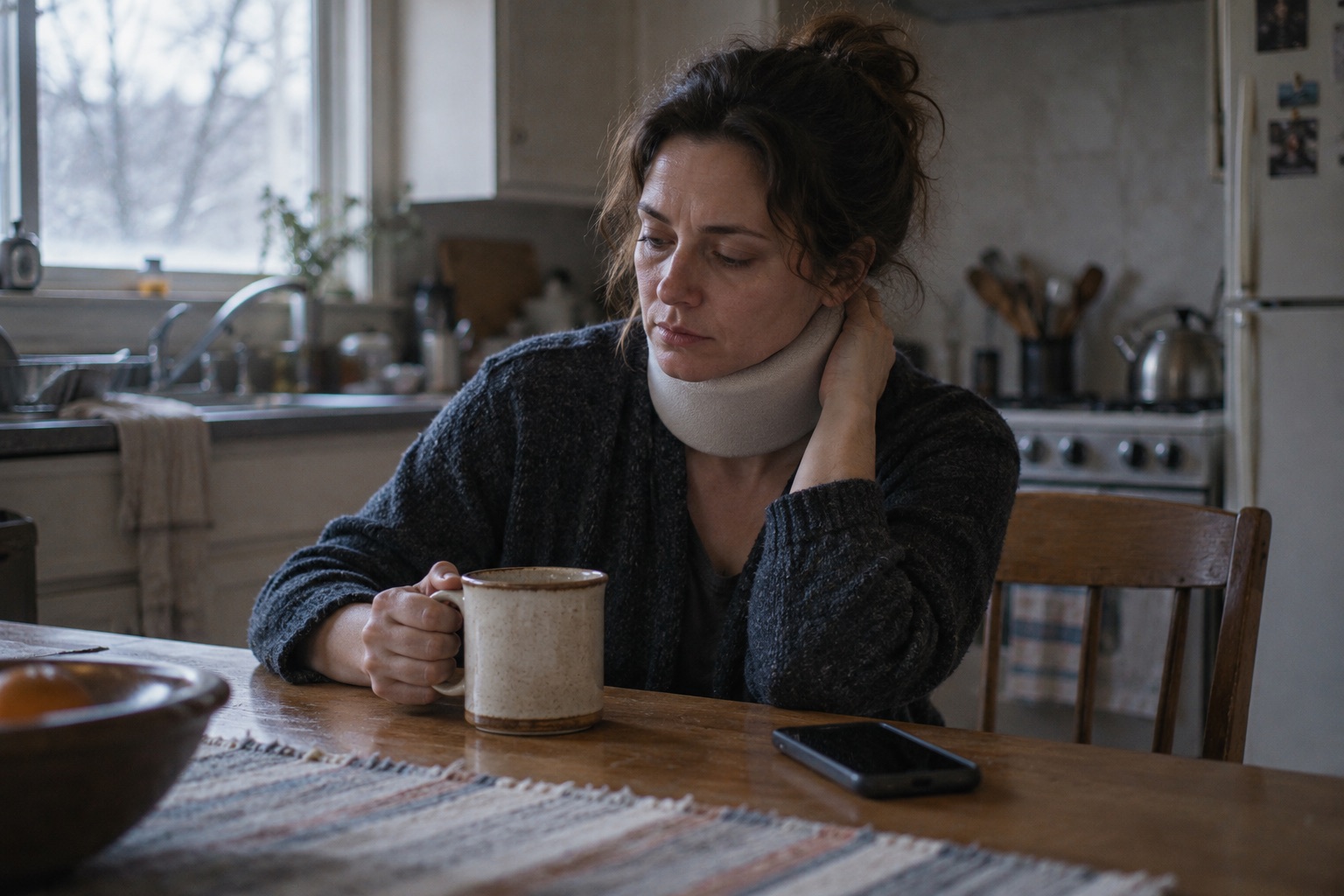 Injured woman in a neck brace at her kitchen table in the morning, the kind of day between doctor visits that medical records never capture
