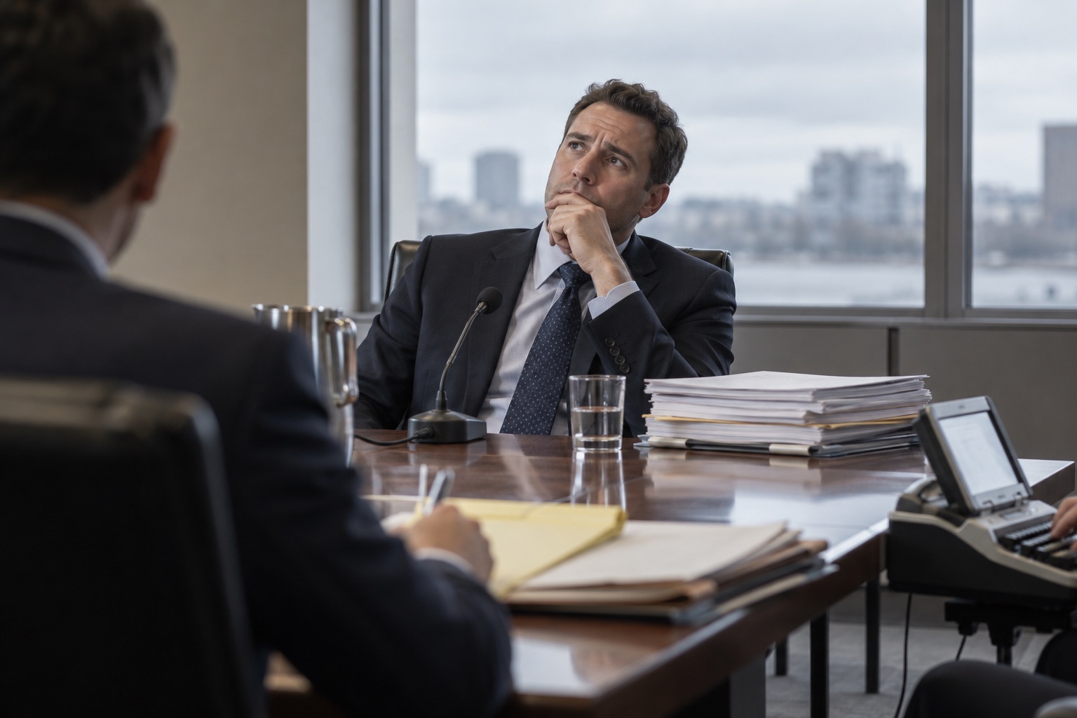 Personal injury client pausing to recall details during a deposition in a law firm conference room