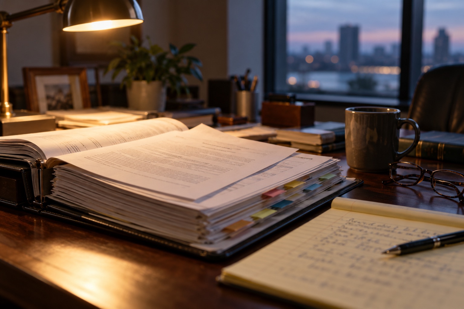 A thick, tabbed personal injury medical record open on an attorney's desk at dusk, beside a legal pad, reading glasses and a coffee mug
