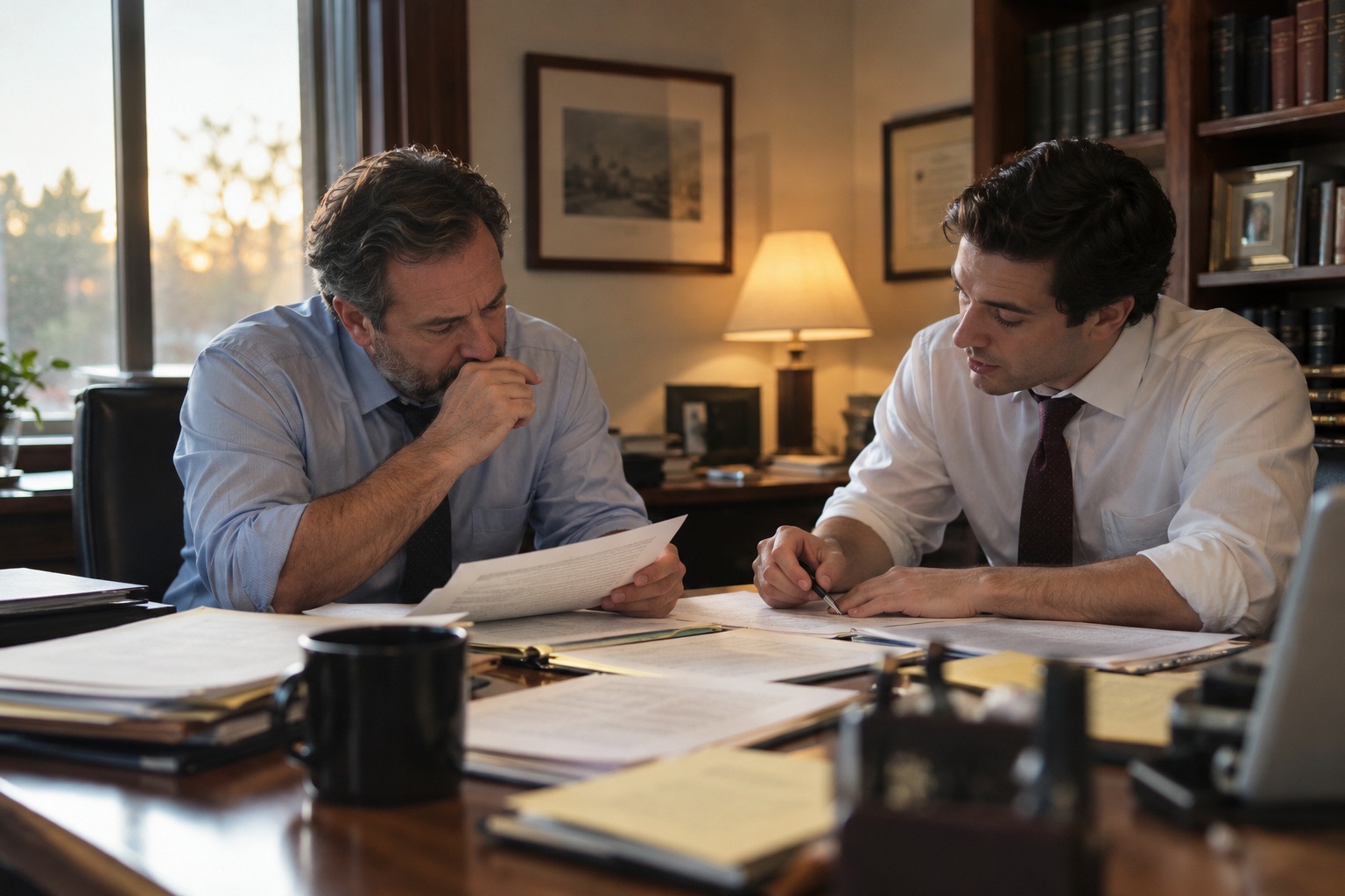 Two plaintiff attorneys reviewing case documents together in a small law firm office