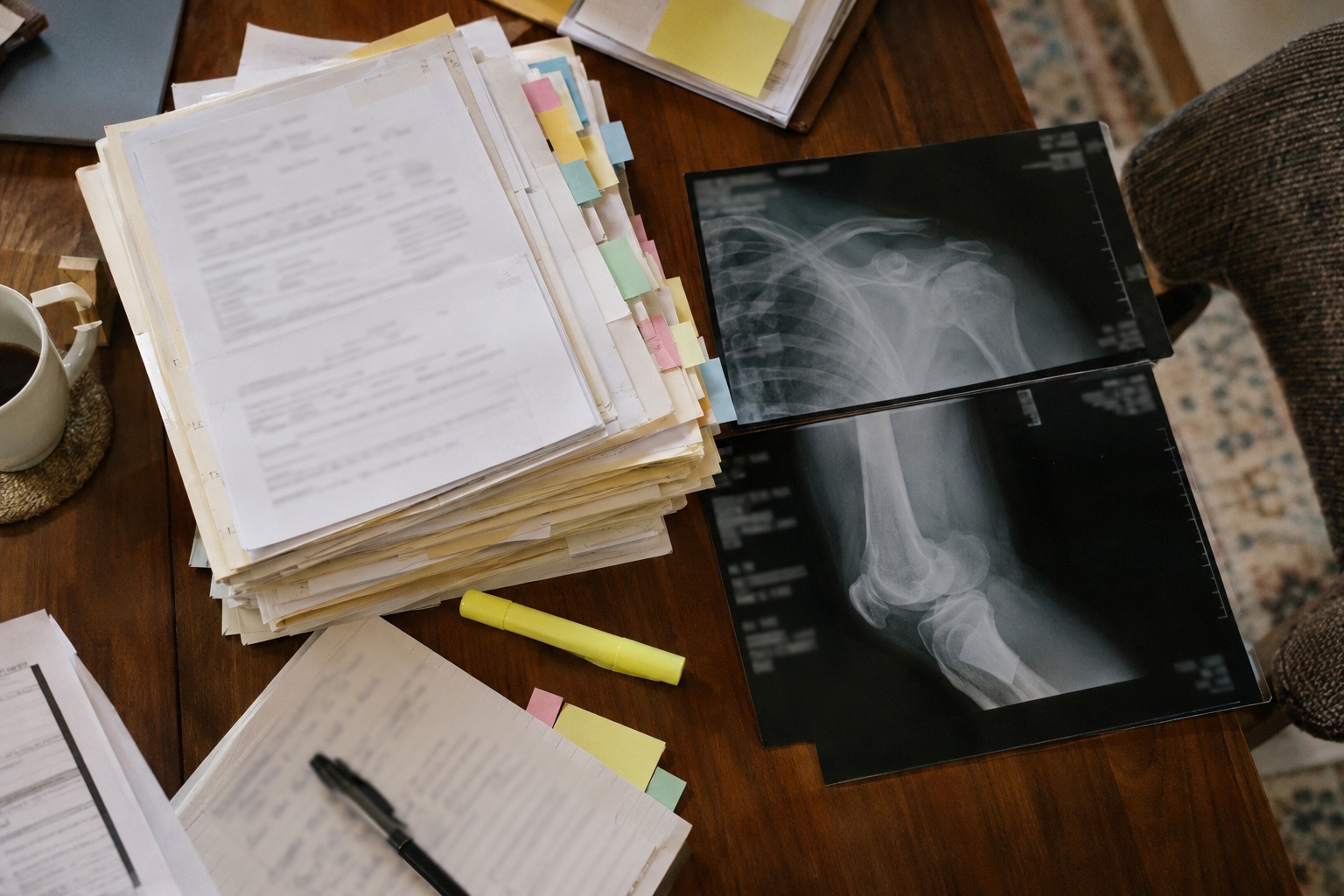 Stack of tabbed medical records and X-ray films laid out for personal injury records review