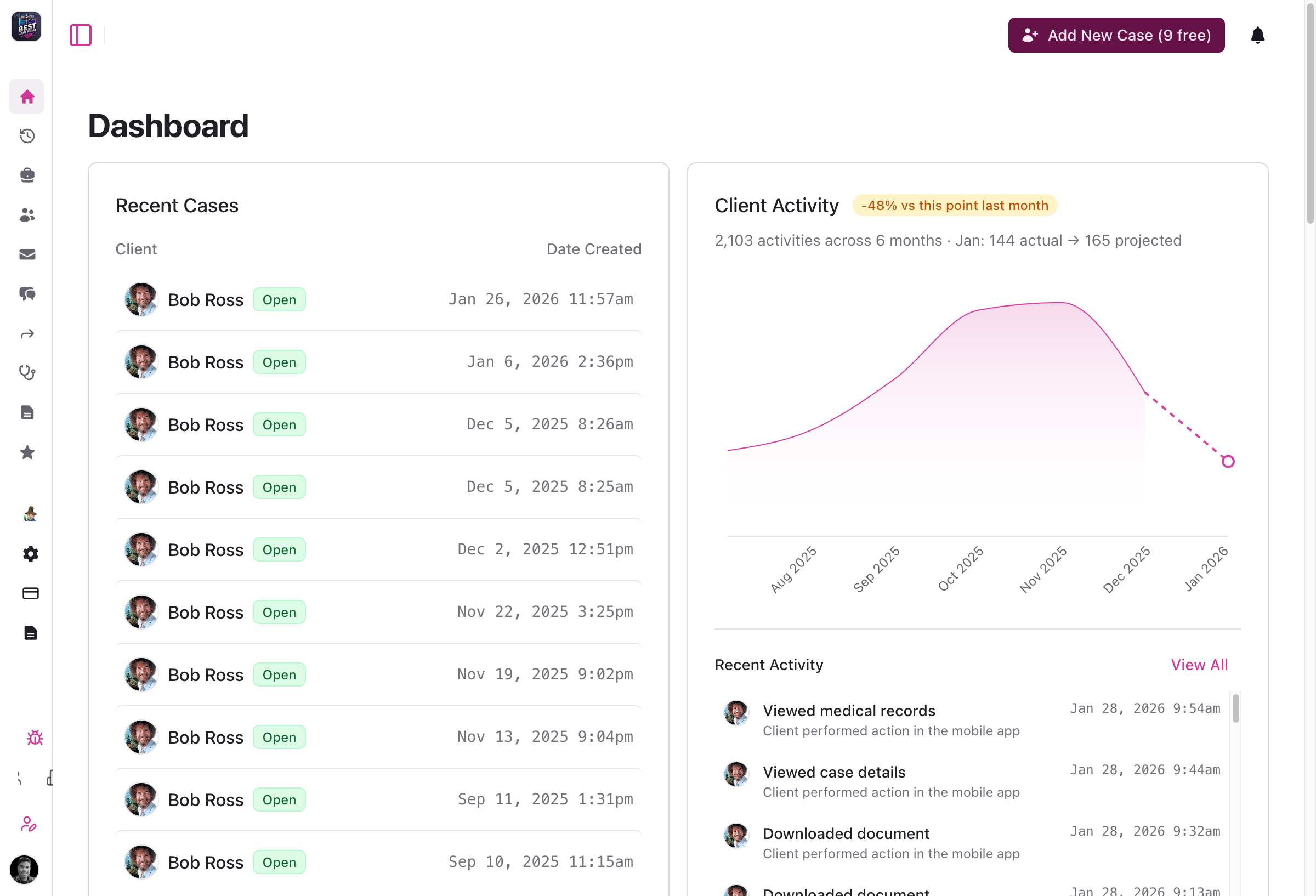 Dashboard with client activity chart and case status badges