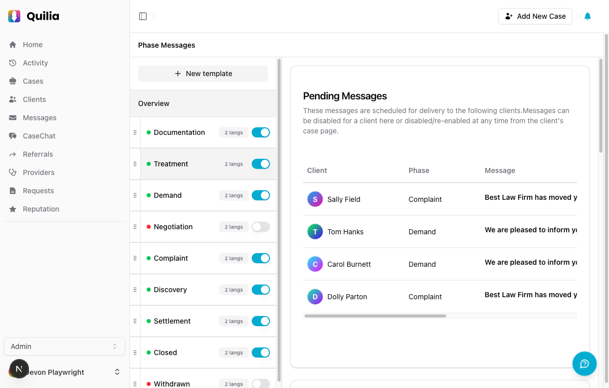Phase messages sidebar showing English aliases