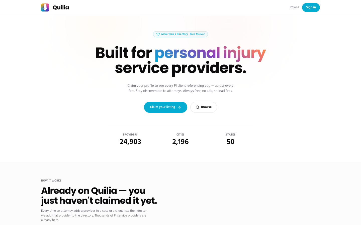 The new Quilia Directory home page — 'Built for personal injury service providers' with 24,903 providers across 2,196 cities