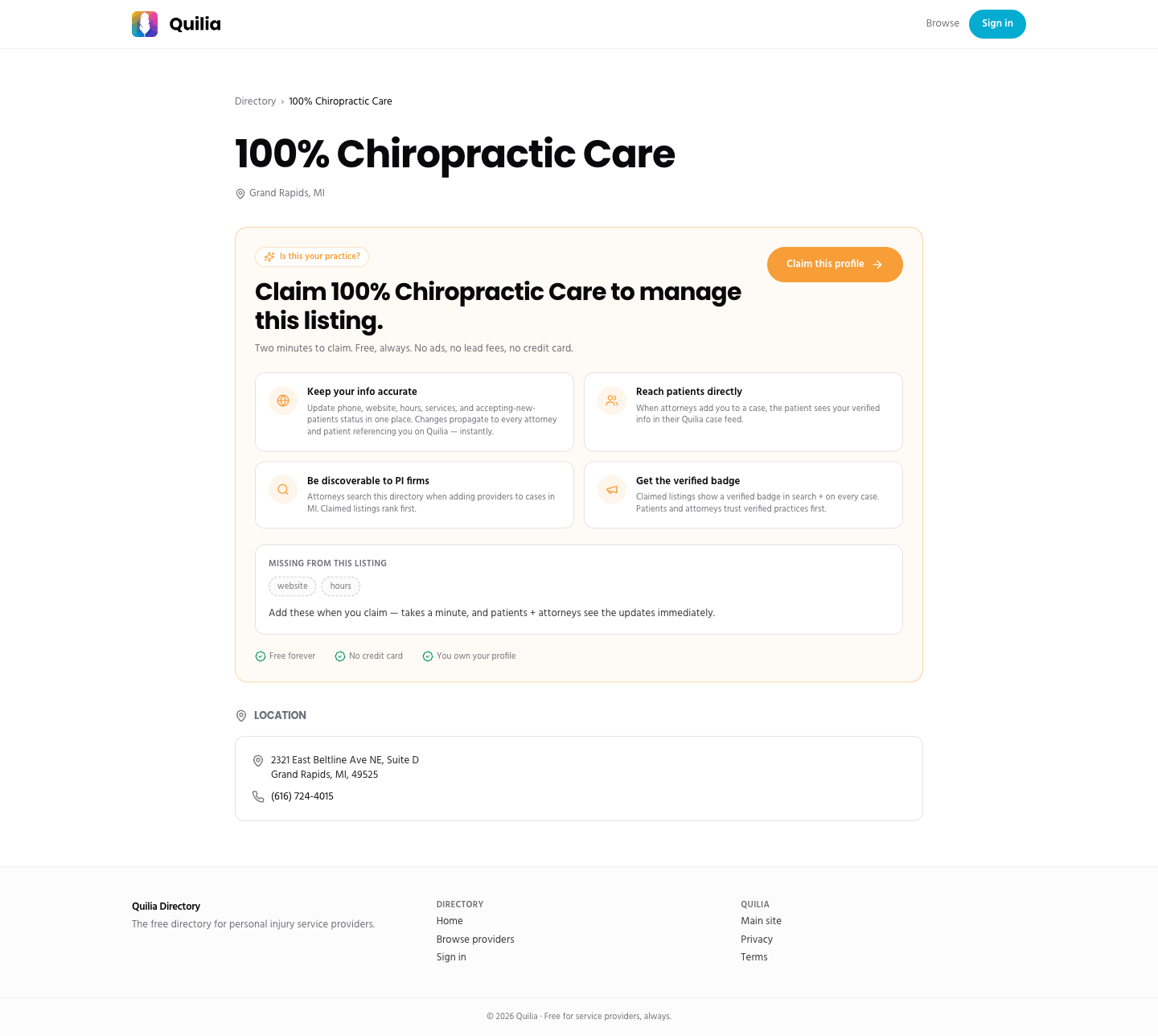 An unclaimed provider profile showing the Claim CTA, four-benefit grid, and a 'Missing from this listing' card