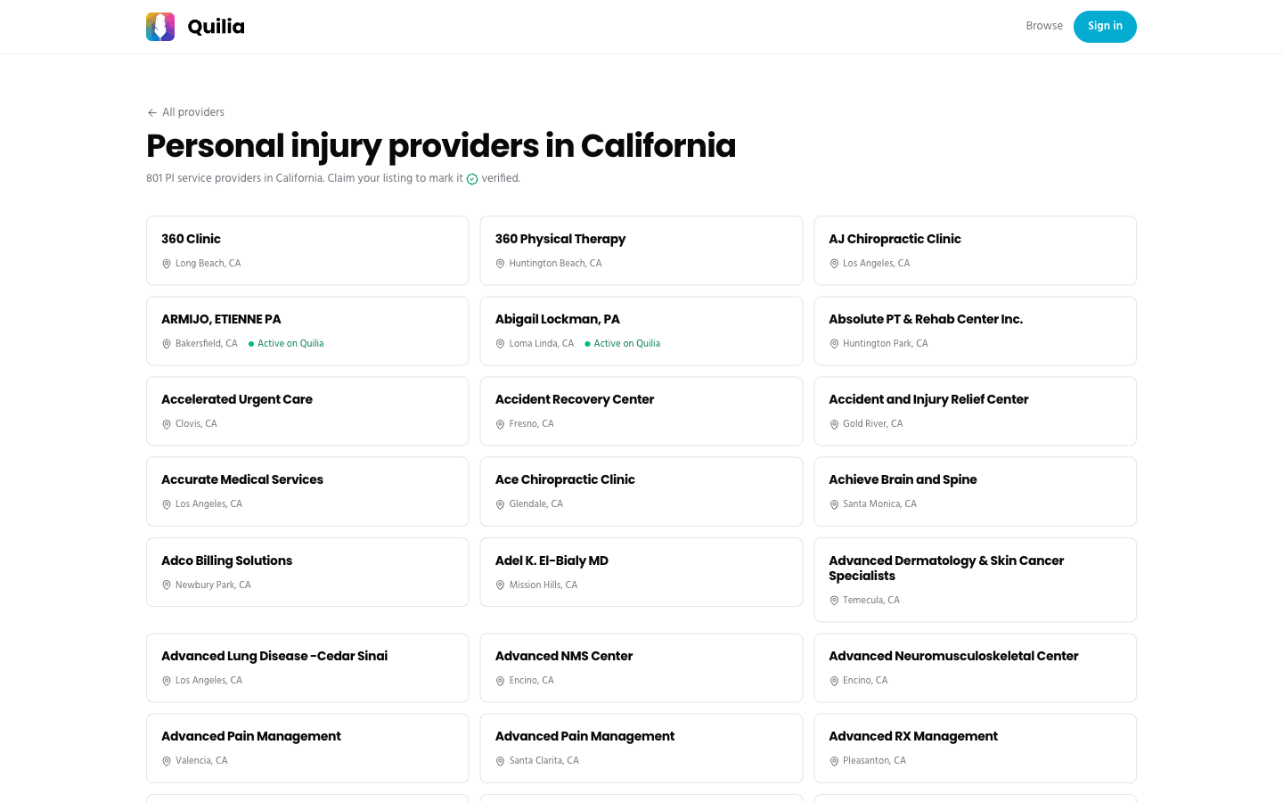 The state-level California page, 801 PI providers paginated 30 per page
