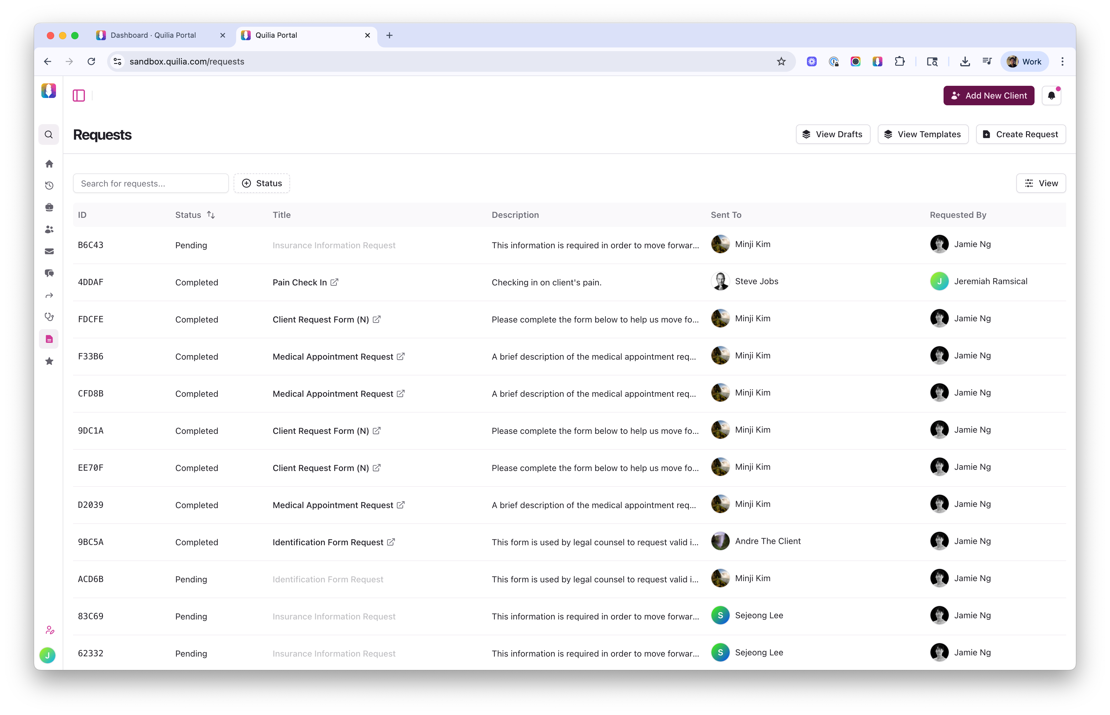 The Quilia Portal ‘Requests’ dashboard displays all client requests in one place — letting staff monitor pending and completed submissions with clear visibility across cases.