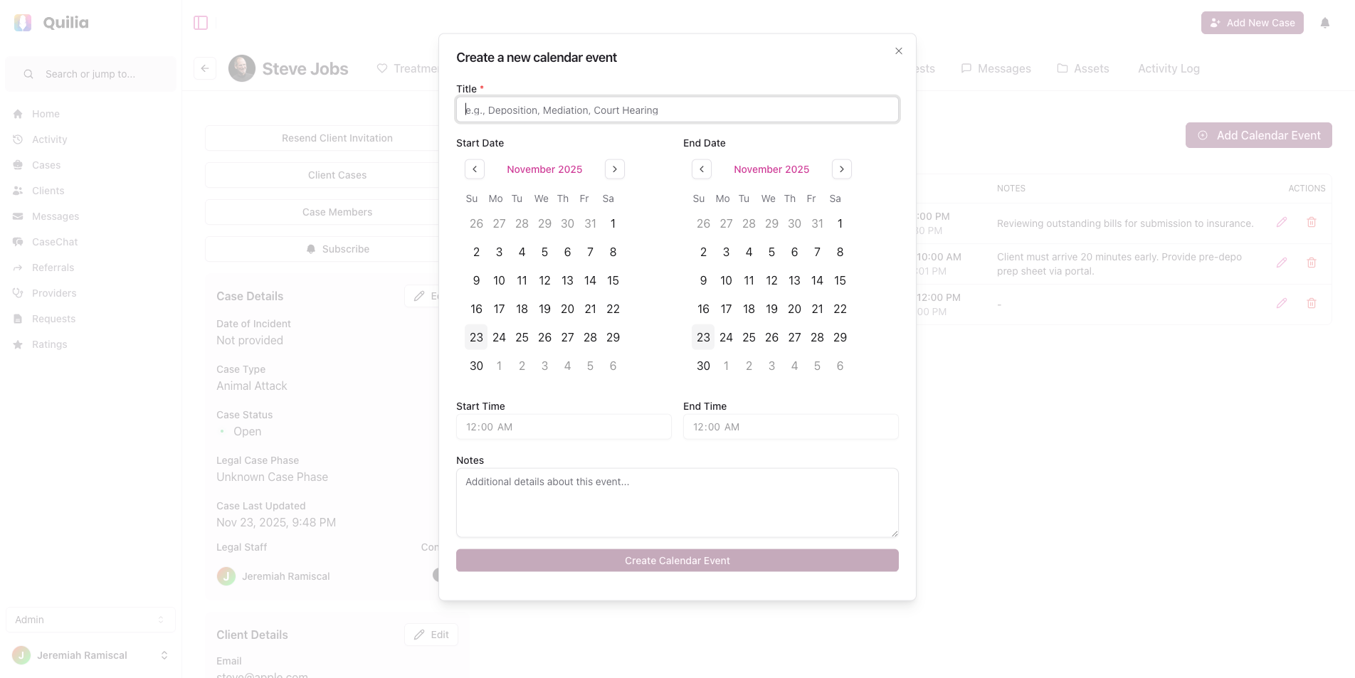 Quilia new calendar event form with date pickers and time fields.