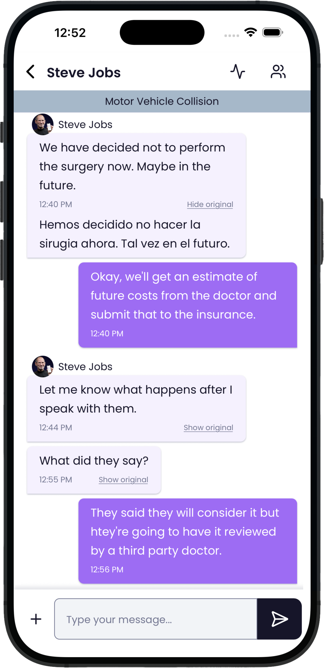 CaseConnect mobile chat view โ enabling clear, secure communication between attorneys and clients directly within the Quilia app.