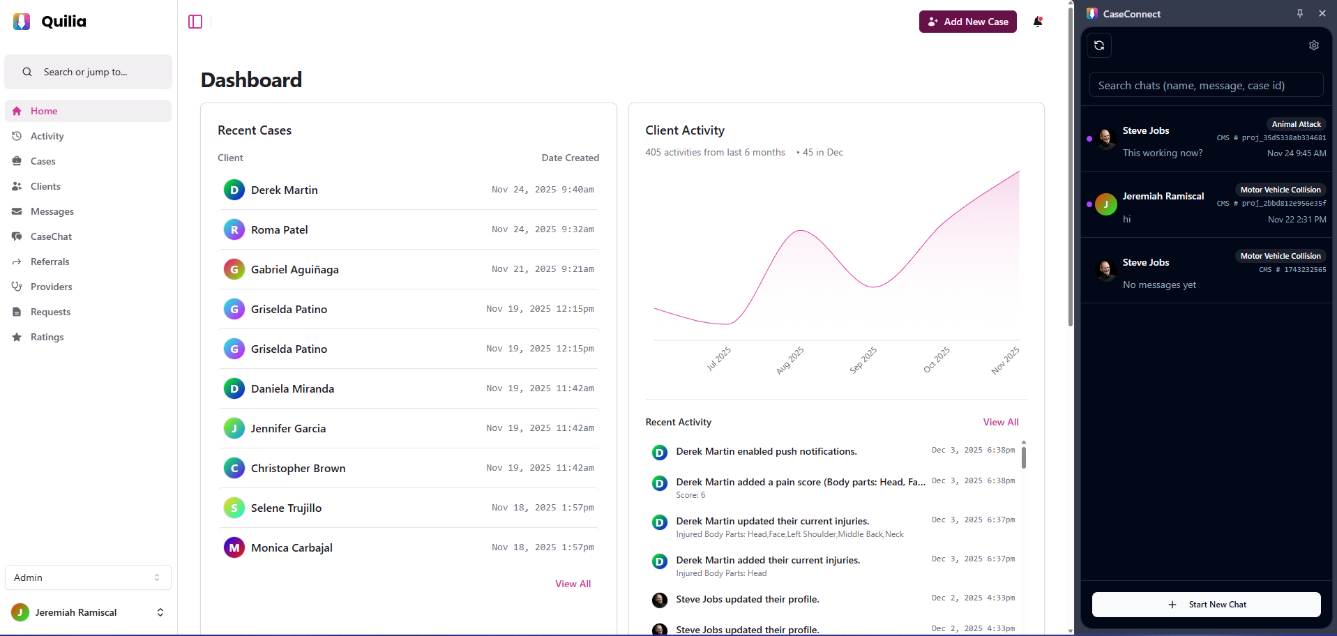 Quilia dashboard with CaseConnect open, showing chat search and new chat options.