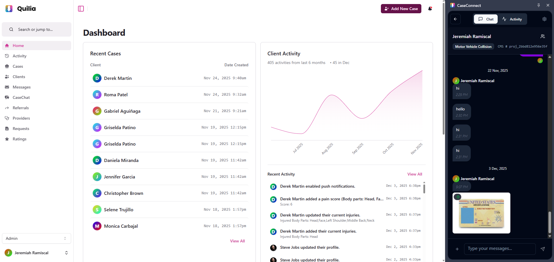 Quilia dashboard with CaseConnect displaying client chat history and shared images.