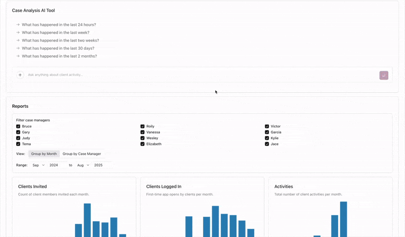 Dashboard showing Quilia's new Portal reporting dashboard with client activity reports, filters, and monthly metrics grouped by case managers