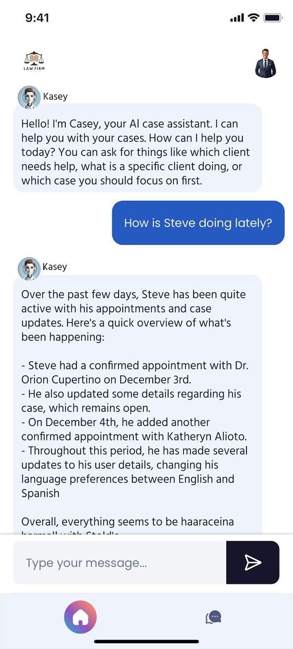 AI insights dashboard in CaseChat showing client sentiment and engagement