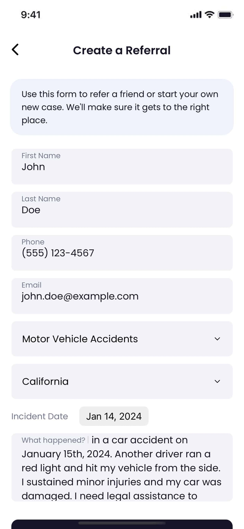 Quilia's case referral form on a mobile device