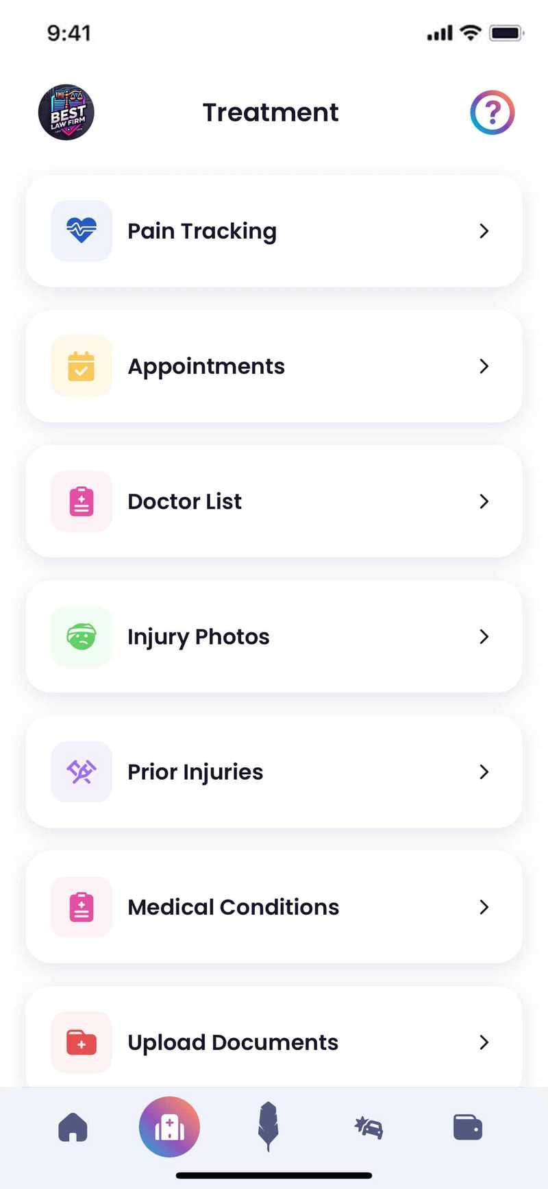 Treatment progress screen in Quilia's personal injury app