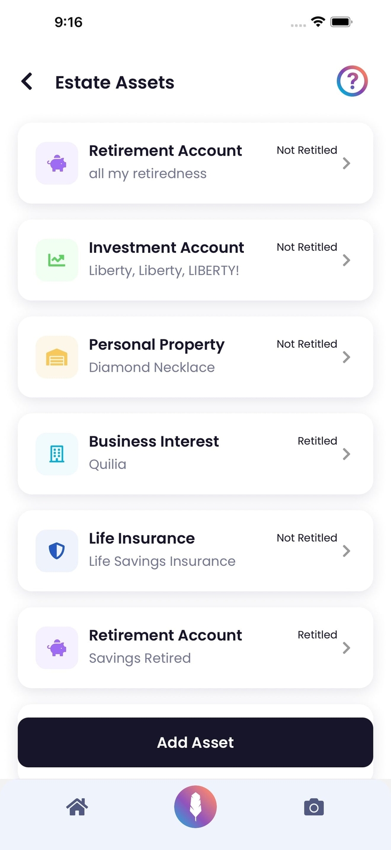 Estate assets management screen showing retirement accounts, investment accounts, and personal property