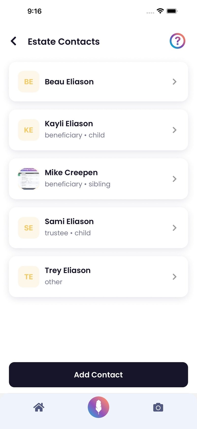 Estate contacts screen showing beneficiaries, trustees, and their roles