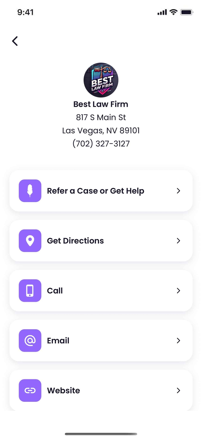 Quilia screen showing law firm contact info, locations, and team