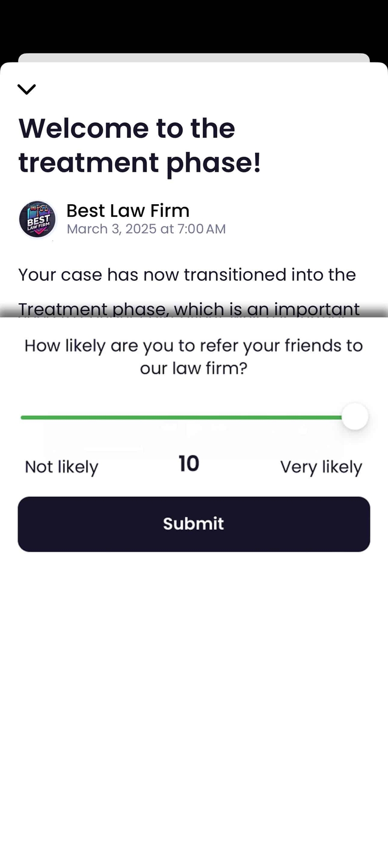 Dashboard showing positive client feedback and google review prompts for a law firm