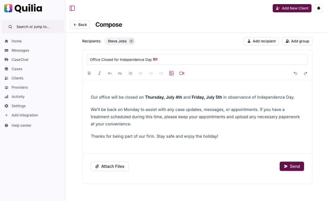 Mass messaging interface in Quilia showing bulk message composition