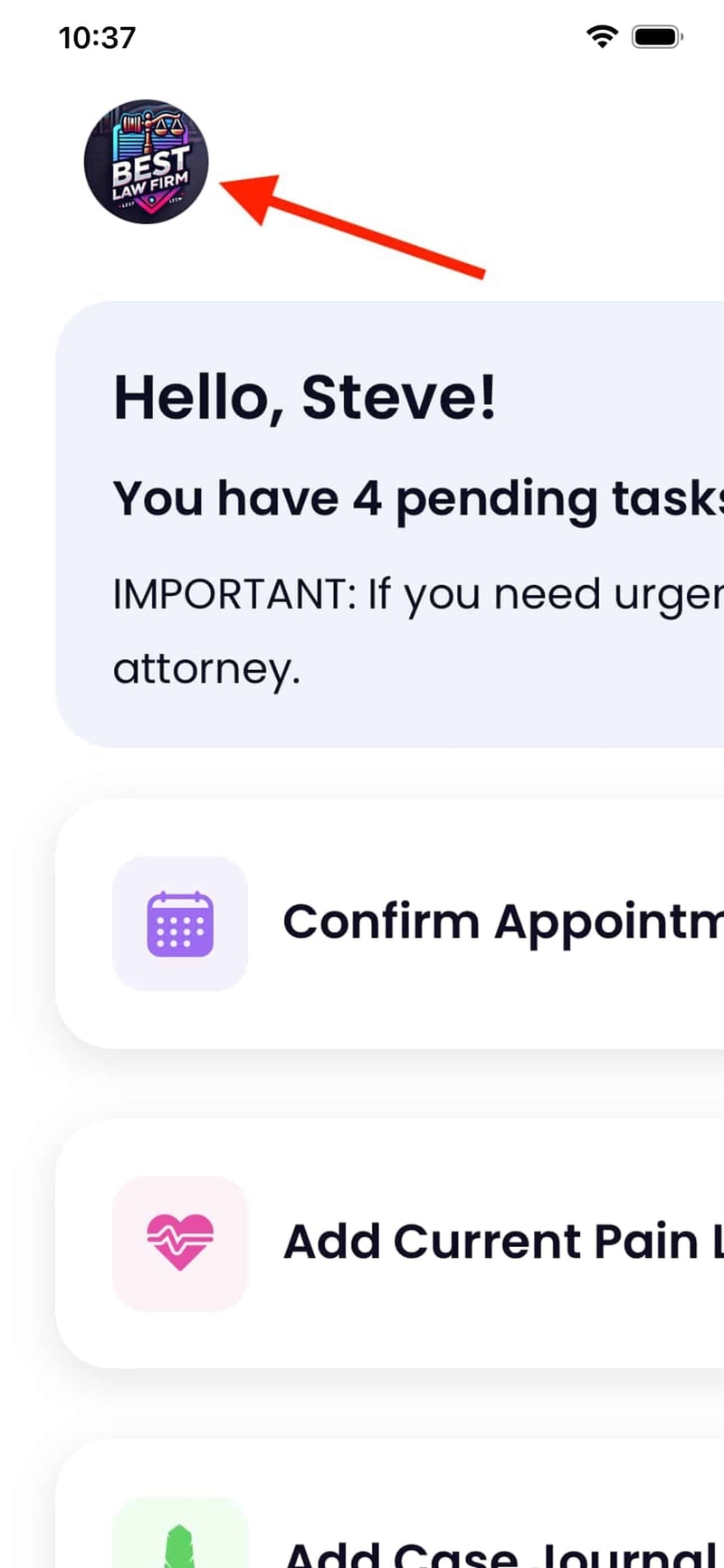 Close-up of Quilia app branding reinforcing law firm identity