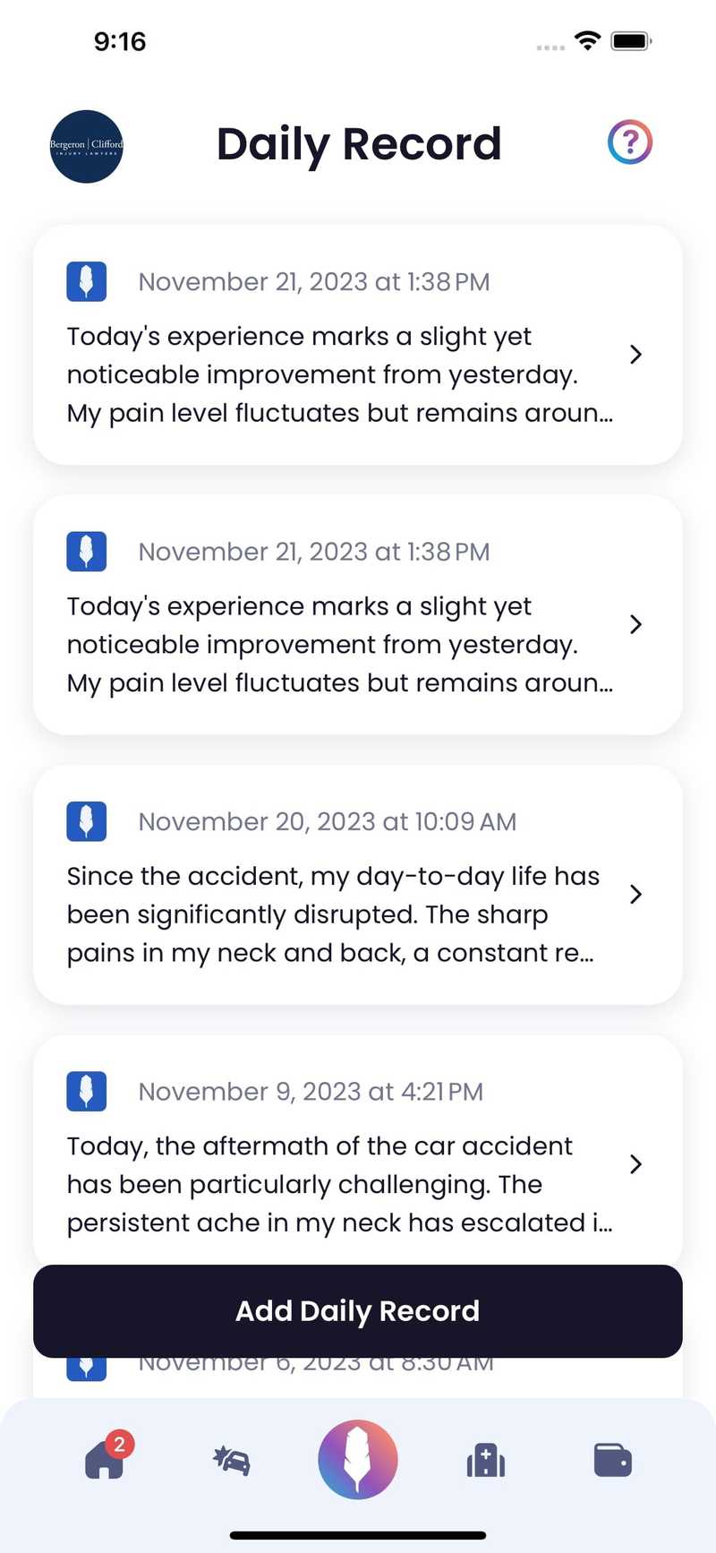Quilia Screenshot Daily Record Tab