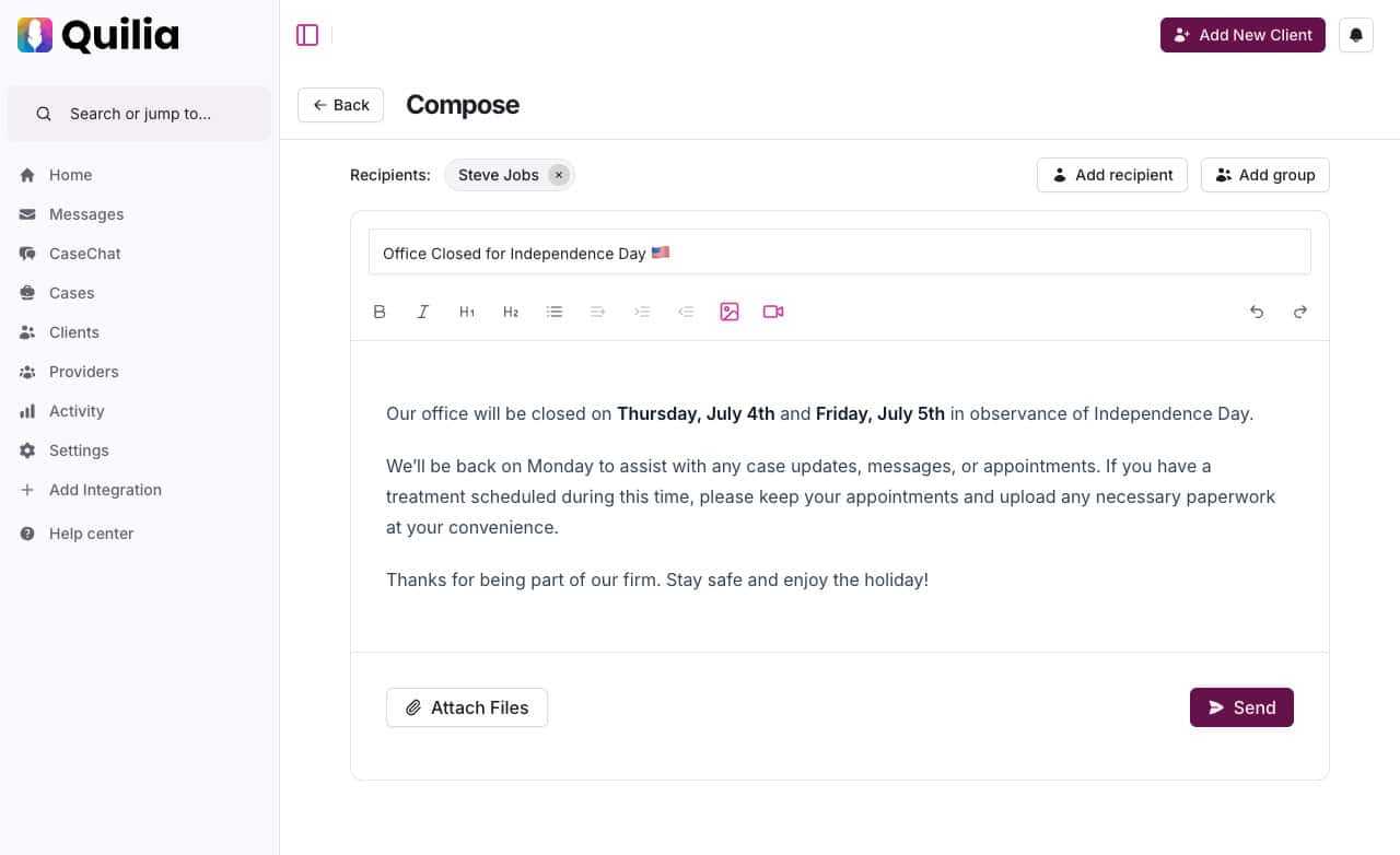Quilia's mass messaging feature on a laptop
