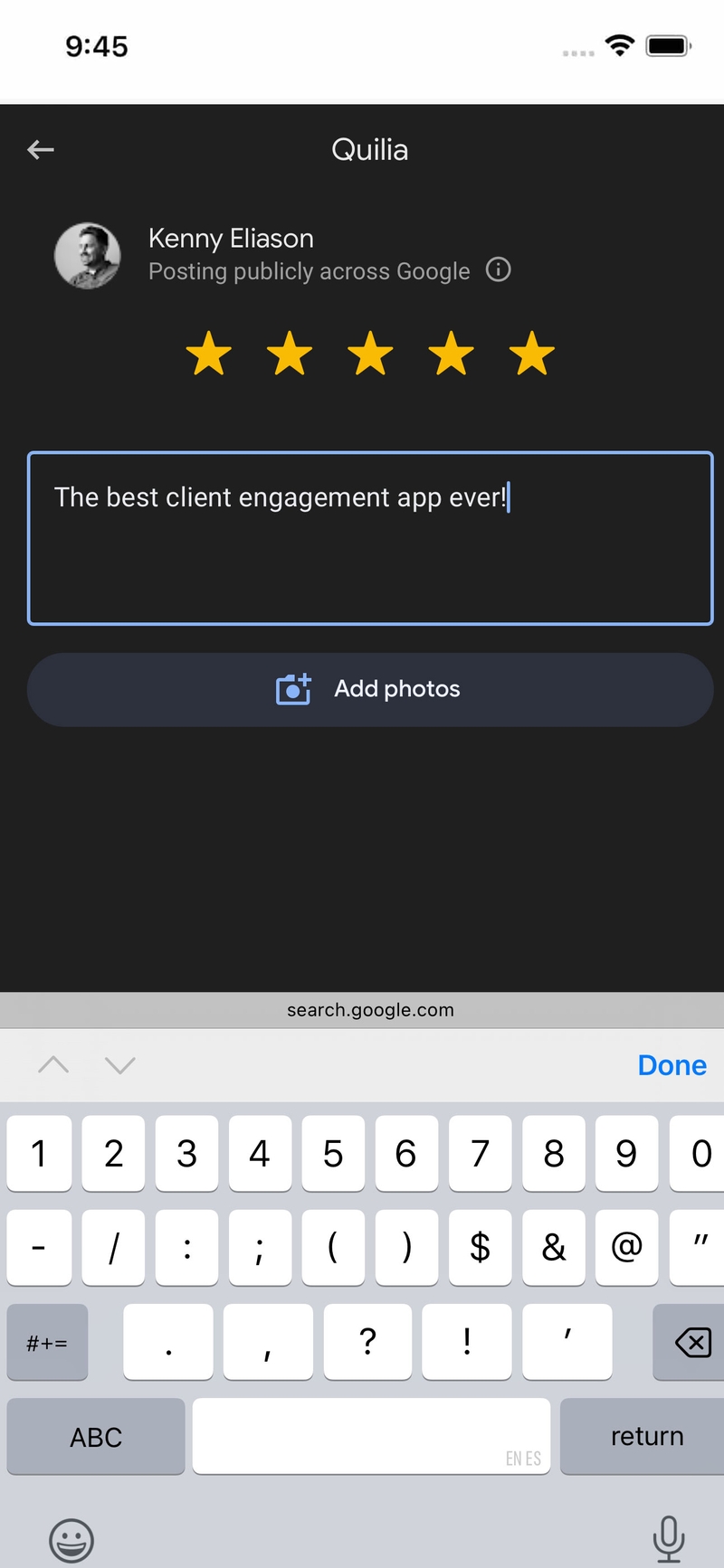 Client interface for leaving a Google review