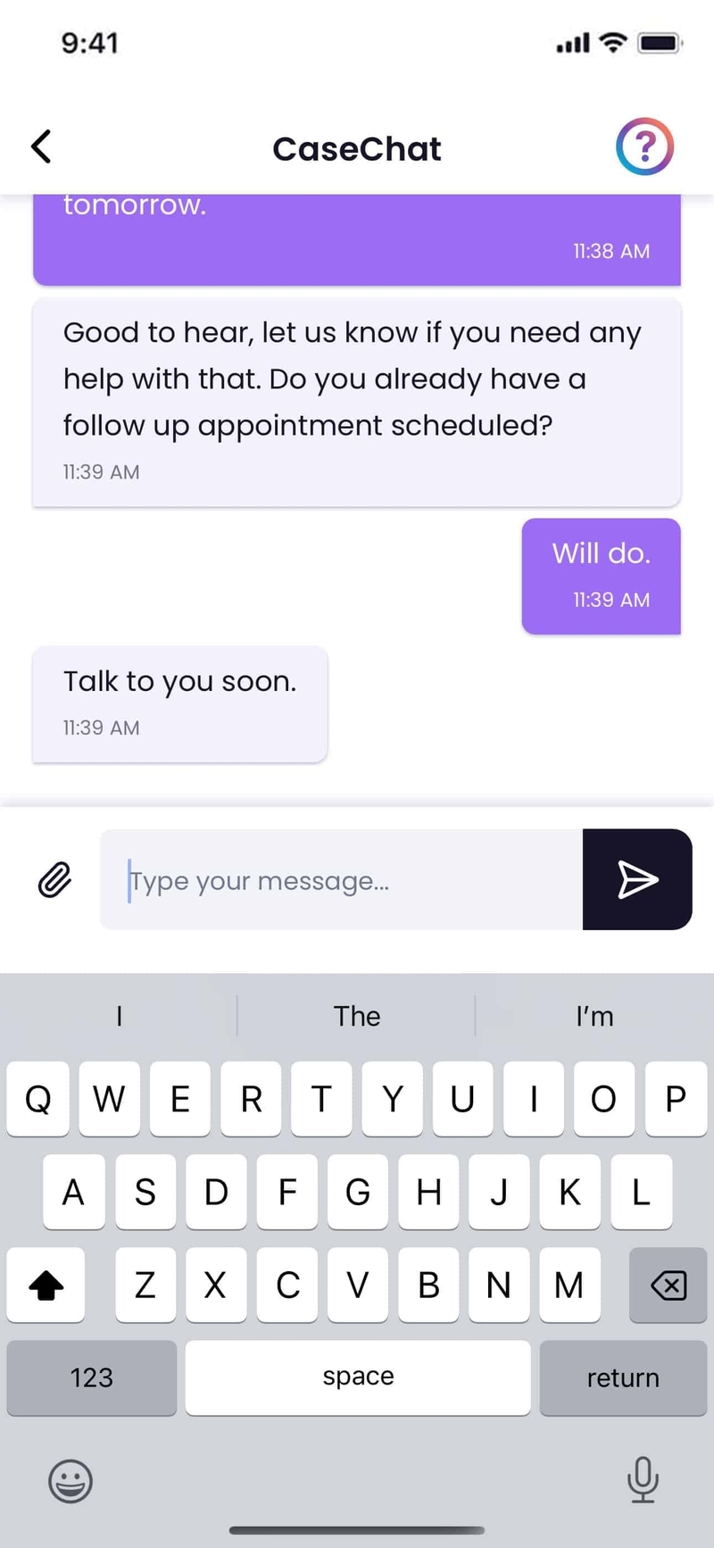 CaseChat messaging screen in Quilia's client app