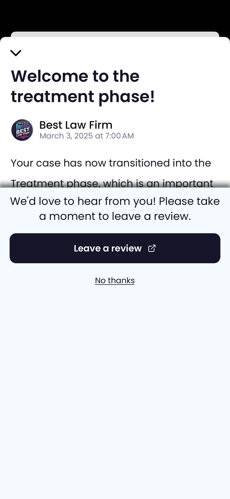 App showing positive client feedback and google review prompts for a law firm