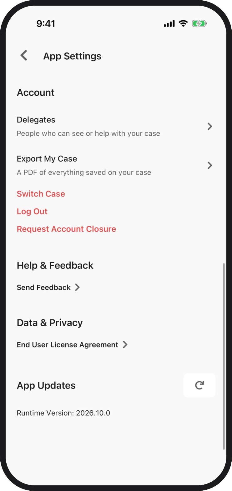 App Settings in the Quilia app with Export My Case under Account