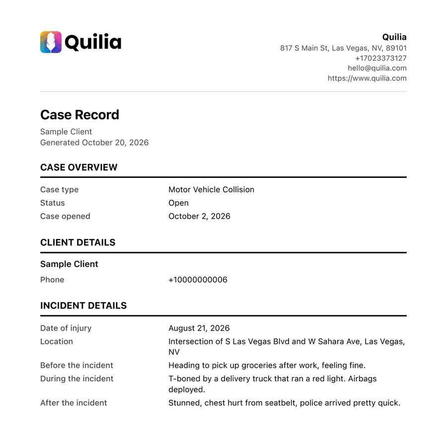 The first page of a case record PDF exported from the Quilia app