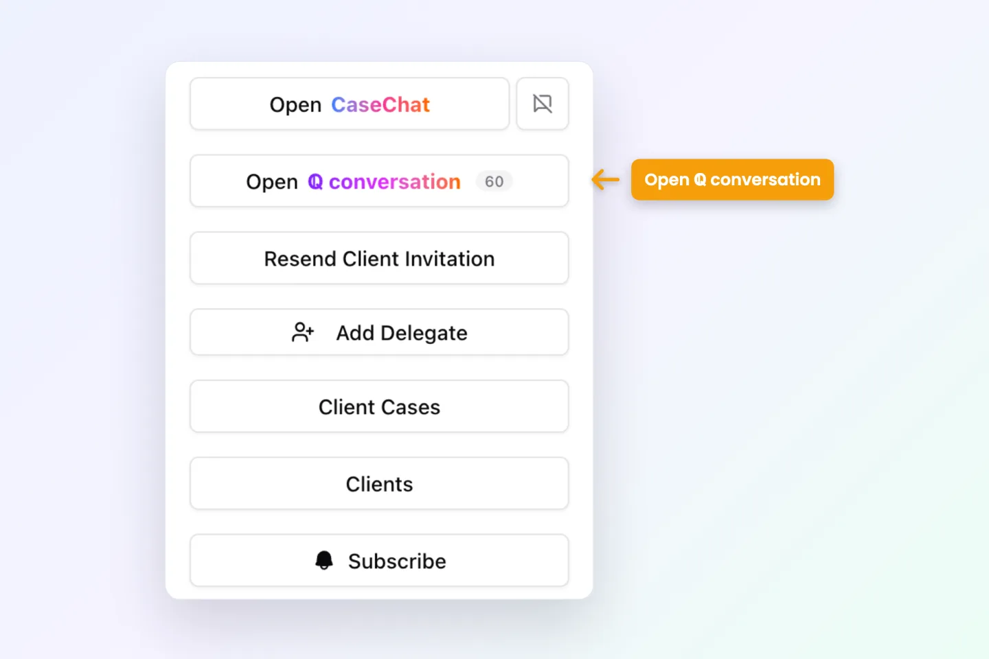 The Open ℚ conversation button in the case page sidebar in the Quilia portal, under Open CaseChat, showing the number of messages